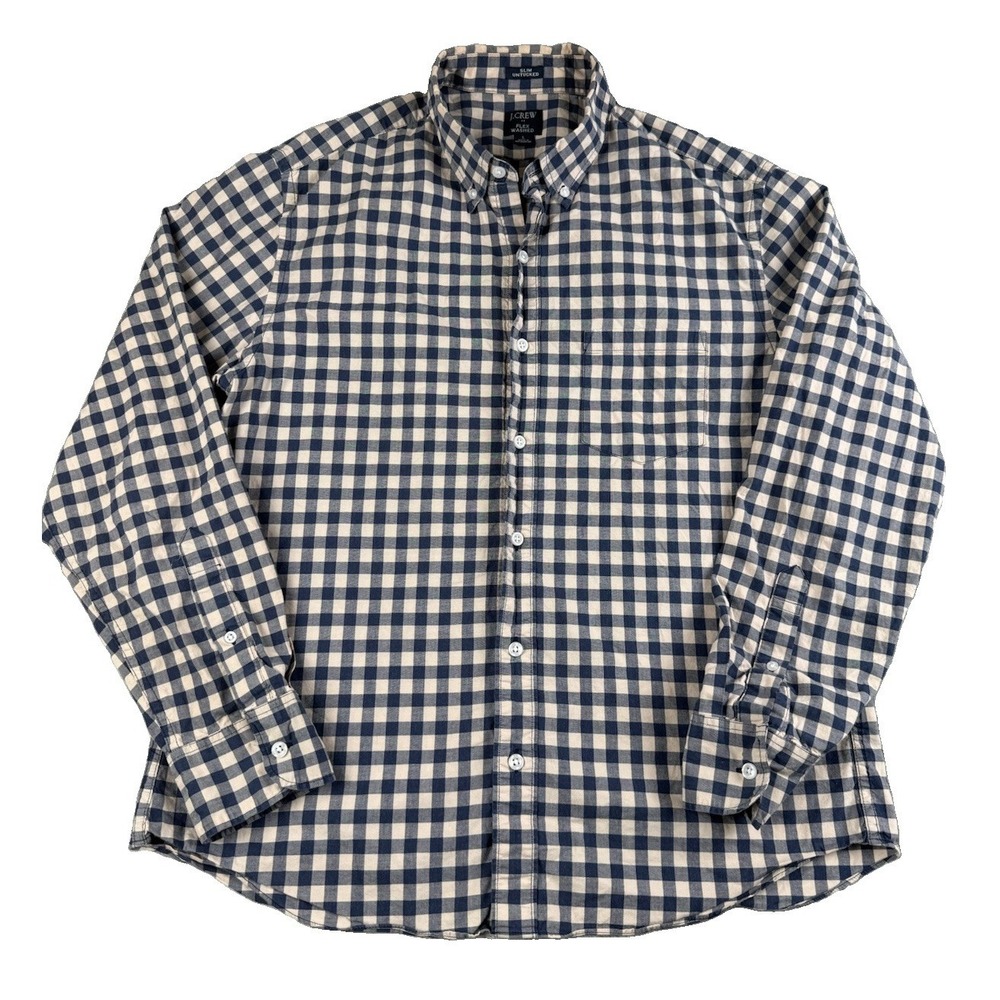 J.Crew Flex Washed Shirt Mens Large Slim Untucked Blue Gingham Check Button Down